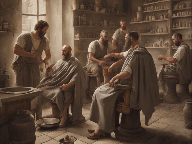 A painting of a Roman barber shop
