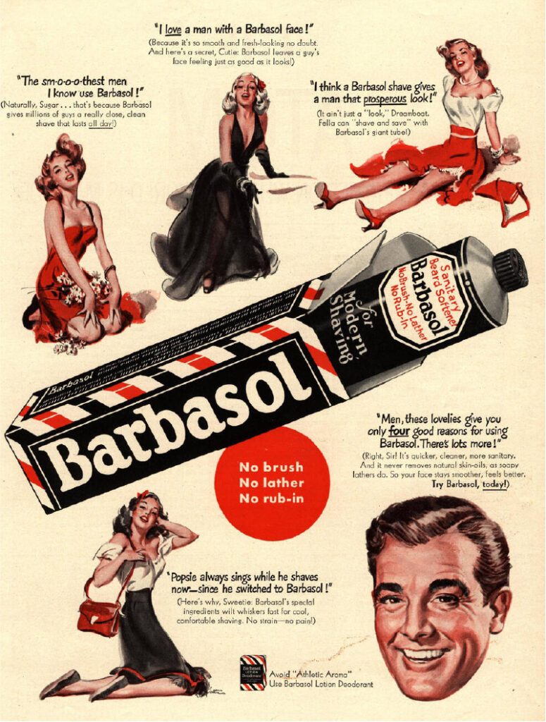 A vintage advertisement for Barbasol featuring a man smiling and holding a tube of Barbasol